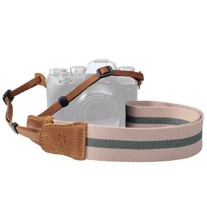 beige pink stripe camera strap -double layer top-grain cowhide ends,1.5″wide pure cotton woven camera strap,adjustable universal neck & shoulder strap for all dslr cameras,great gift for photographers