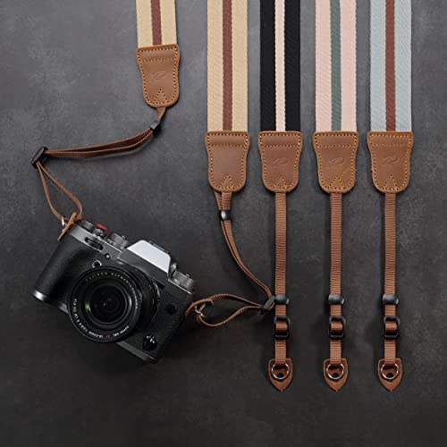 Beige Pink Stripe Camera Strap -Double Layer top-grain Cowhide Ends,1.5"Wide Pure Cotton Woven Camera Strap,Adjustable Universal Neck & Shoulder Strap for All DSLR Cameras,Great Gift for Photographers