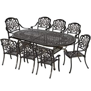 MEETWARM 9-Piece Outdoor Patio Dining Set, 8 Outdoor Dining Chairs and 1 Oval Table with 2" Umbrella Hole, All Weather Cast Aluminum Patio Funiture Set for Backyard, Patio, Garden