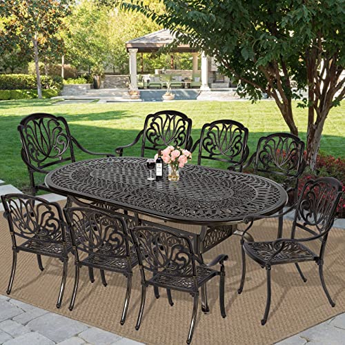 MEETWARM 9-Piece Outdoor Patio Dining Set, 8 Outdoor Dining Chairs and 1 Oval Table with 2" Umbrella Hole, All Weather Cast Aluminum Patio Funiture Set for Backyard, Patio, Garden