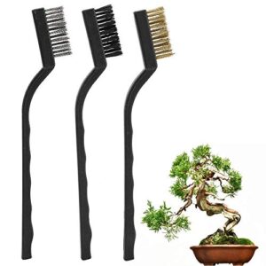fdit 3pcs mini wire brush curved handle masonry brush wire bristle for cleaning tree trunk burr bonsai brush garden cleaning tool