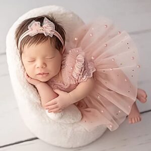 KHC-KHF 3pcs Lace Newborn Photography Prop Baby Girl Tutu Skirt Cute Bow Headdress And Pearl Lace Rompers Infant Princess Costume