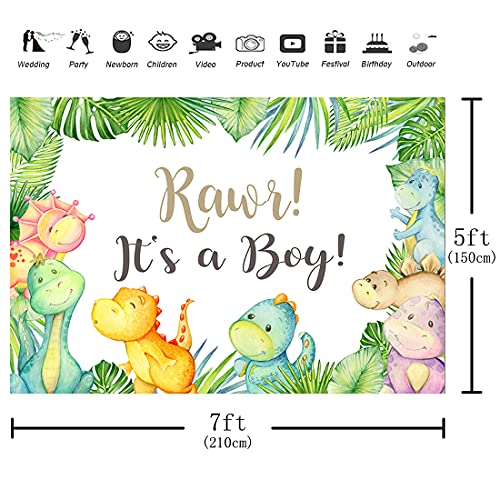 Aperturee Dinosaur It's a boy Baby Shower Backdrop 7x5ft Oh Boy Tropical Palm Leaves Jungle Photography Background Kids Newborn Cake Table Banner Party Decoration Photo Booth Studio Props Favors