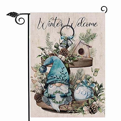 Hzppyz Winter Welcome Gnome Garden Flag Joy Double Sided, Decorative House Yard Pine Tree Branch Pinecone Birdhouse Tiered Tray Outdoor Small Decor, Christmas Farmhouse Home Outside Decorations 12x18