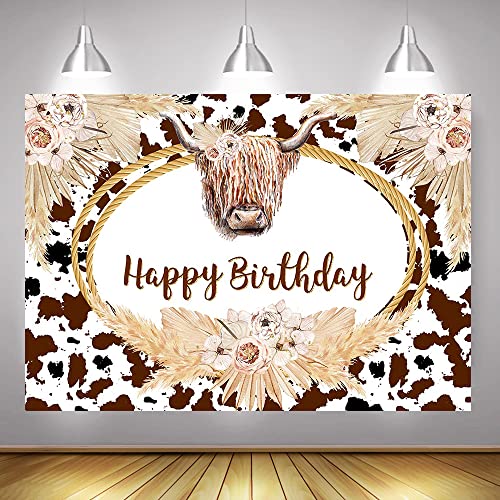 Mocsicka Highland Cow Birthday Backdrop Boho Highland Cow Happy Birthday Party Decorations Holy Cow Birthday Decorations Girl Cake Table Banner Birthday Party Supplies (7x5ft (82x60 inch))