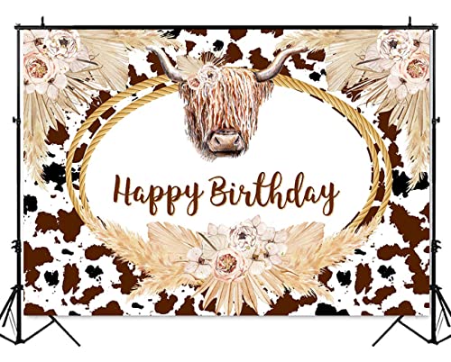 Mocsicka Highland Cow Birthday Backdrop Boho Highland Cow Happy Birthday Party Decorations Holy Cow Birthday Decorations Girl Cake Table Banner Birthday Party Supplies (7x5ft (82x60 inch))