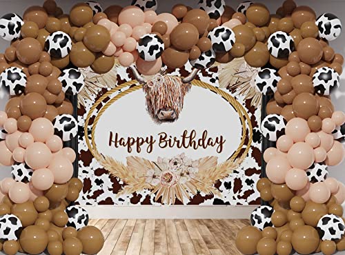 Mocsicka Highland Cow Birthday Backdrop Boho Highland Cow Happy Birthday Party Decorations Holy Cow Birthday Decorations Girl Cake Table Banner Birthday Party Supplies (7x5ft (82x60 inch))