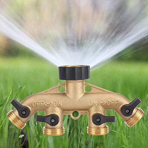 Zerodis Garden Hose Splitter 4 Way Brass,3/4" Tap Splitter 4 Way Shut Off Connector Pipe Splitter Nozzle Switcher Tap Connectors for Garden Irrigation (American Thread 3/4")