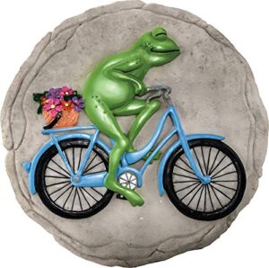 spoontiques – garden décor – frog on bicycle stepping stone – decorative stone for garden