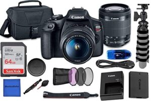 camera eos rebel t7 dslr camera w/ef-s 18-55mm f/3.5-5.6 zoom lens + case + sandisk 64gb memory card + flex tripod + 3pc filter kit + card reader + bluebirdsales cleaning kit