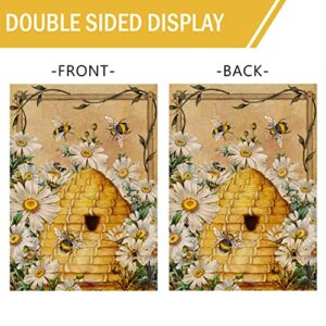 Furiaz Daisy Bee Spring Summer Garden Flag, House Yard Lawn Decorative Small Flag Honeycomb Flower Home Outside Decoration Sign, Floral Hive Farmhouse Burlap Outdoor Welcome Decor Double Sided 12x18