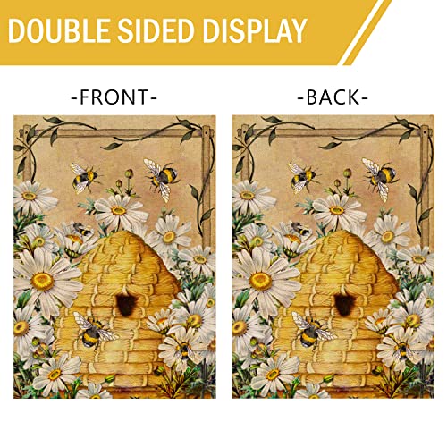 Furiaz Daisy Bee Spring Summer Garden Flag, House Yard Lawn Decorative Small Flag Honeycomb Flower Home Outside Decoration Sign, Floral Hive Farmhouse Burlap Outdoor Welcome Decor Double Sided 12x18