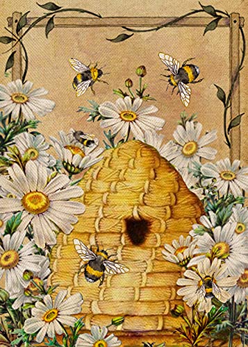 Furiaz Daisy Bee Spring Summer Garden Flag, House Yard Lawn Decorative Small Flag Honeycomb Flower Home Outside Decoration Sign, Floral Hive Farmhouse Burlap Outdoor Welcome Decor Double Sided 12x18