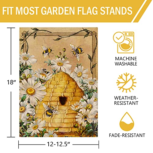 Furiaz Daisy Bee Spring Summer Garden Flag, House Yard Lawn Decorative Small Flag Honeycomb Flower Home Outside Decoration Sign, Floral Hive Farmhouse Burlap Outdoor Welcome Decor Double Sided 12x18