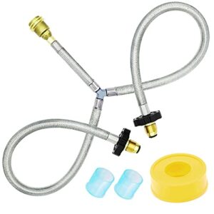 upgrade stainless braided y-splitter dual propane tank converter adapter hose connection kit two way propane splitter pol inlet&pol/qcc1 regulator exit connect 5-100lbs cylinder tank for grill, heater
