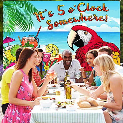 It's 5 O'clock Somewhere Backdrop Parrot Pattern Summer Tropical Sea Beach Photo Booth Backdrop Background Banner for Summer Tropical Luau Hawaiian Aloha Party Decoration Supplies, 71 x 43 Inch