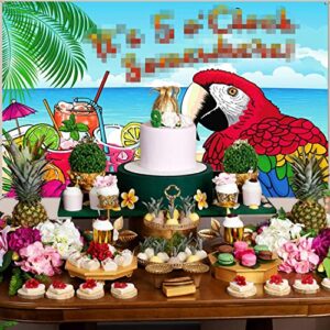It's 5 O'clock Somewhere Backdrop Parrot Pattern Summer Tropical Sea Beach Photo Booth Backdrop Background Banner for Summer Tropical Luau Hawaiian Aloha Party Decoration Supplies, 71 x 43 Inch