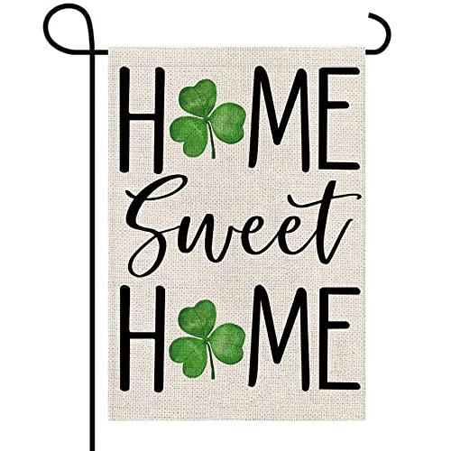 Texupday St.Patrick's Day Home Sweet Home Shamrock Clover Decoration Double Sided Vertical Burlap Garden Flag Rustic Holiday Party Outdoor Yard Banner 12" x 18"