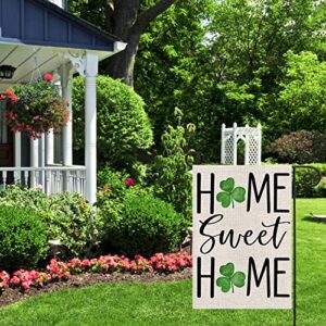 Texupday St.Patrick's Day Home Sweet Home Shamrock Clover Decoration Double Sided Vertical Burlap Garden Flag Rustic Holiday Party Outdoor Yard Banner 12" x 18"