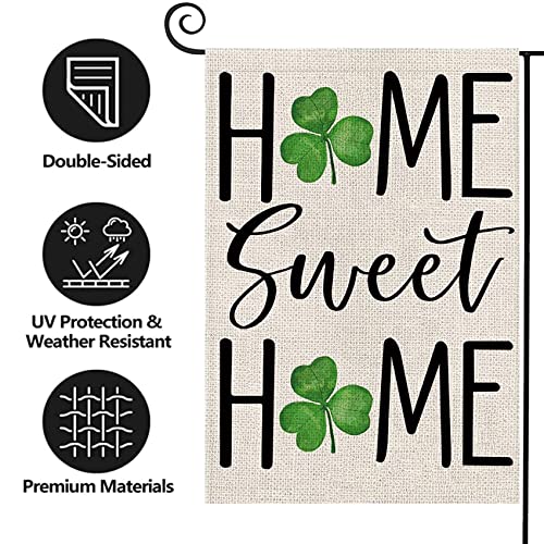 Texupday St.Patrick's Day Home Sweet Home Shamrock Clover Decoration Double Sided Vertical Burlap Garden Flag Rustic Holiday Party Outdoor Yard Banner 12" x 18"