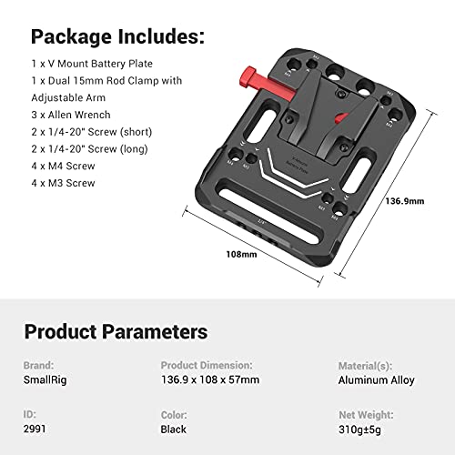 SmallRig V Mount Battery Plate, V-Lock Mount Battery Plate with 15mm Rod Clamp & Adjustable Arm for Power Supply - 2991