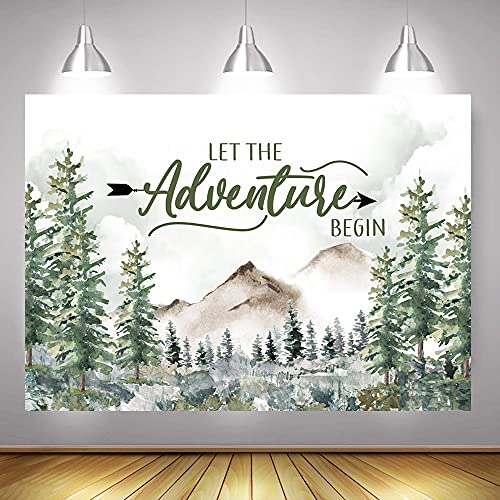 Mocsicka Let The Adventure Begin Backdrop Adventure Awaits Baby Shower Birthday Party Decoration Rustic Forest Mountains Woodland Photography Background (7x5ft (82x60 inch))