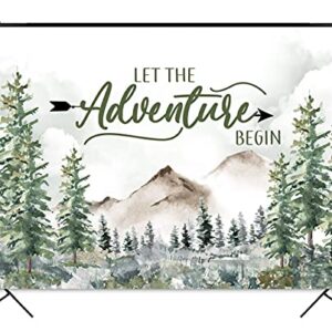 Mocsicka Let The Adventure Begin Backdrop Adventure Awaits Baby Shower Birthday Party Decoration Rustic Forest Mountains Woodland Photography Background (7x5ft (82x60 inch))