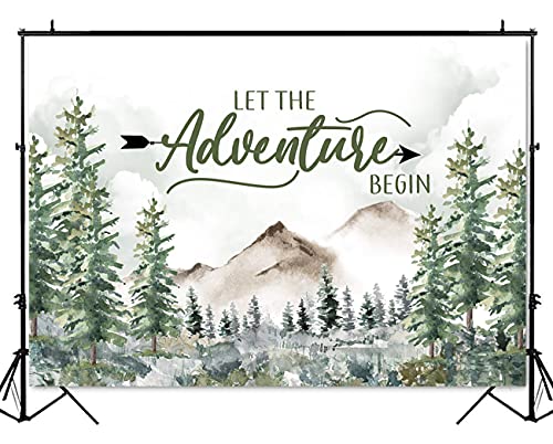 Mocsicka Let The Adventure Begin Backdrop Adventure Awaits Baby Shower Birthday Party Decoration Rustic Forest Mountains Woodland Photography Background (7x5ft (82x60 inch))