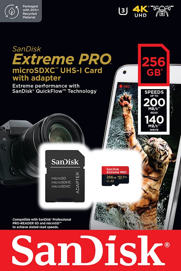 SanDisk 256GB Extreme Pro Durable, Captures 4K UHD Video, 200MB/s Read and 140MB/s Write microSD UHS-I Card for Recording Outdoor Adventures and Weekend Trips