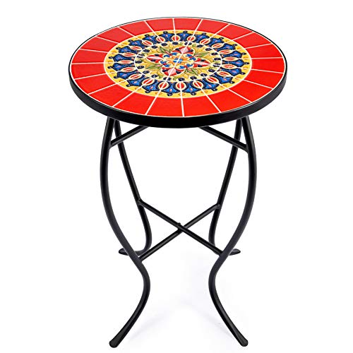 VONLUCE 21 Inch Mosaic Plant Stand, 14 Inch Round Side Table with Ceramic Tile Top, Indoor and Outdoor Accent Table, Outdoor Patio Furniture, End Table for Garden Patio Living Room More, Red