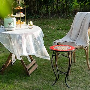 VONLUCE 21 Inch Mosaic Plant Stand, 14 Inch Round Side Table with Ceramic Tile Top, Indoor and Outdoor Accent Table, Outdoor Patio Furniture, End Table for Garden Patio Living Room More, Red