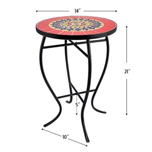 VONLUCE 21 Inch Mosaic Plant Stand, 14 Inch Round Side Table with Ceramic Tile Top, Indoor and Outdoor Accent Table, Outdoor Patio Furniture, End Table for Garden Patio Living Room More, Red