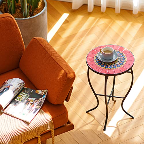VONLUCE 21 Inch Mosaic Plant Stand, 14 Inch Round Side Table with Ceramic Tile Top, Indoor and Outdoor Accent Table, Outdoor Patio Furniture, End Table for Garden Patio Living Room More, Red