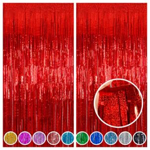 melsan 2 pack 3.2 ft x 8.2 ft tinsel foil fringe curtains backdrop, sparkle fringe curtains for party photo background decoration, red