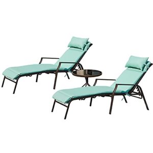 lokatse home outdoor lounge chair set 3 pieces patio cushioned adjustable back chaises with bistro table steel frame for backyard porch garden poolside, light blue