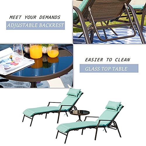 LOKATSE HOME Outdoor Lounge Chair Set 3 Pieces Patio Cushioned Adjustable Back Chaises with Bistro Table Steel Frame for Backyard Porch Garden Poolside, Light Blue