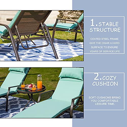 LOKATSE HOME Outdoor Lounge Chair Set 3 Pieces Patio Cushioned Adjustable Back Chaises with Bistro Table Steel Frame for Backyard Porch Garden Poolside, Light Blue