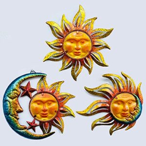 bvlfook sun face metal wall art decor outdoor indoor, sun moon star, metal & glass hanging wall patio decorations for outdoor living room bedroom garden porch fence balcony, set of 3, 9 inch large.