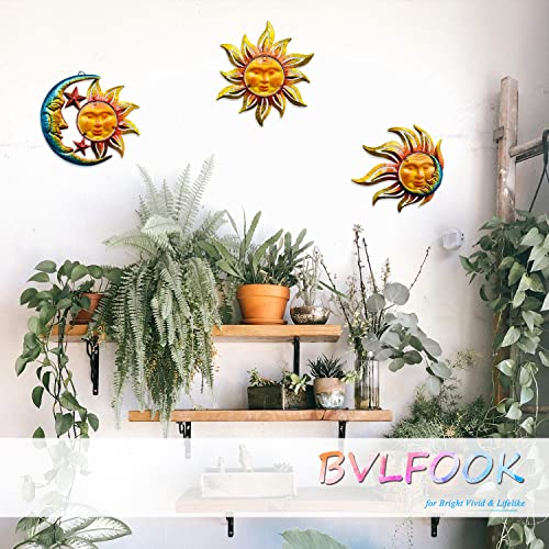 BVLFOOK Sun Face Metal Wall Art Decor Outdoor Indoor, Sun Moon Star, Metal & Glass Hanging Wall Patio Decorations for Outdoor Living Room Bedroom Garden Porch Fence Balcony, Set of 3, 9 inch Large.