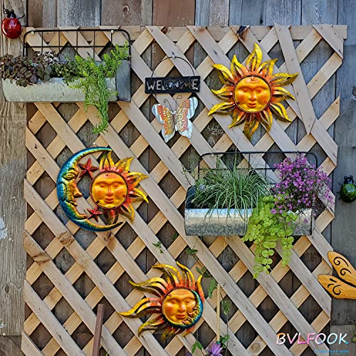 BVLFOOK Sun Face Metal Wall Art Decor Outdoor Indoor, Sun Moon Star, Metal & Glass Hanging Wall Patio Decorations for Outdoor Living Room Bedroom Garden Porch Fence Balcony, Set of 3, 9 inch Large.