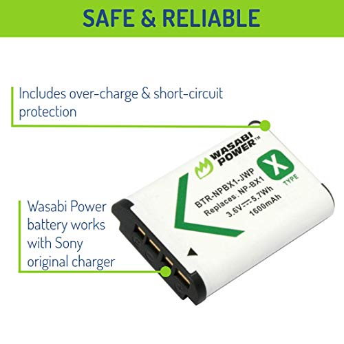 Wasabi Power NP-BX1 Battery (2-Pack) for Sony NP-BX1/M8, Cyber-Shot DSC-HX80, HX90V, HX95, HX99, HX350, RX1, RX1R II, RX100 (II/III/IV/V/VA/VI/VII), FDR-X3000, HDR-AS50, AS300, ZV-1 and More
