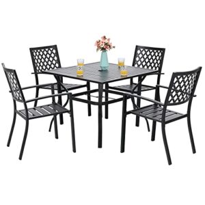 mfstudio 5 piece black metal outdoor patio dining bistro set with 4 armrest chairs and steel frame slat larger square table, 37″ table and 4 backyard garden chairs outdoor furniture set, black …