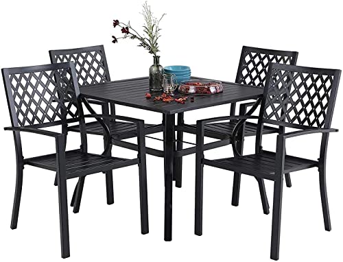 MFSTUDIO 5 Piece Black Metal Outdoor Patio Dining Bistro Set with 4 Armrest Chairs and Steel Frame Slat Larger Square Table, 37" Table and 4 Backyard Garden Chairs Outdoor Furniture Set, Black …