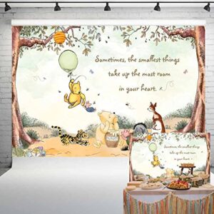 vintage pooh bear baby shower decorations classic winnie neutral backdrop with green balloon newborn birthday cake table background 7×5 ft 97