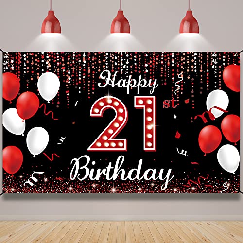 21st Birthday Decorations Banner Backdrop, Happy 21st Birthday Decorations for Her, Red Black and White 21 Birthday Party Photo Props Decor Supplies for Women Outdoor Indoor Vicycaty