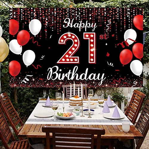 21st Birthday Decorations Banner Backdrop, Happy 21st Birthday Decorations for Her, Red Black and White 21 Birthday Party Photo Props Decor Supplies for Women Outdoor Indoor Vicycaty