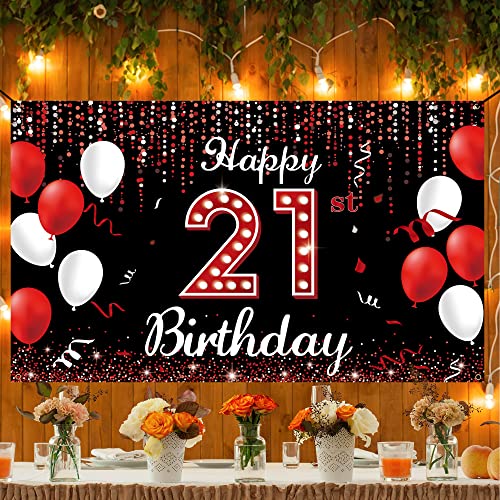21st Birthday Decorations Banner Backdrop, Happy 21st Birthday Decorations for Her, Red Black and White 21 Birthday Party Photo Props Decor Supplies for Women Outdoor Indoor Vicycaty
