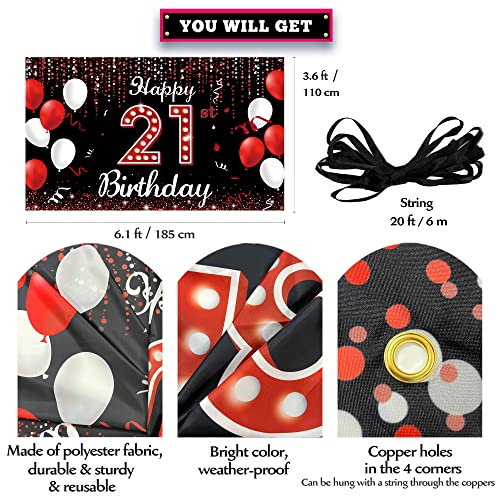 21st Birthday Decorations Banner Backdrop, Happy 21st Birthday Decorations for Her, Red Black and White 21 Birthday Party Photo Props Decor Supplies for Women Outdoor Indoor Vicycaty
