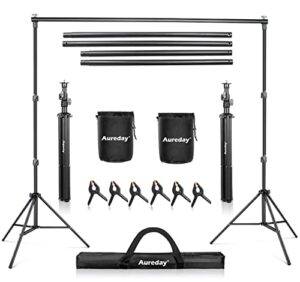 aureday backdrop stand, 7x10ft adjustable photo backdrop stand kit with 4 crossbars, 6 background clamps, 2 sandbags, and carrying bag for parties/wedding/photography/festival decoration
