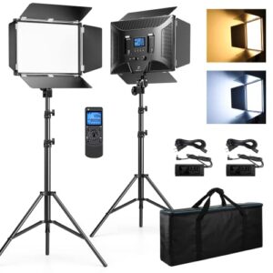 dazzne d50 photography lighting with barn door, 2-pack 15.4″ led video light with remote, 45w 3000k-8000k dimmable bi-color panel light for live streaming/wedding shooting/video recording/studio/film